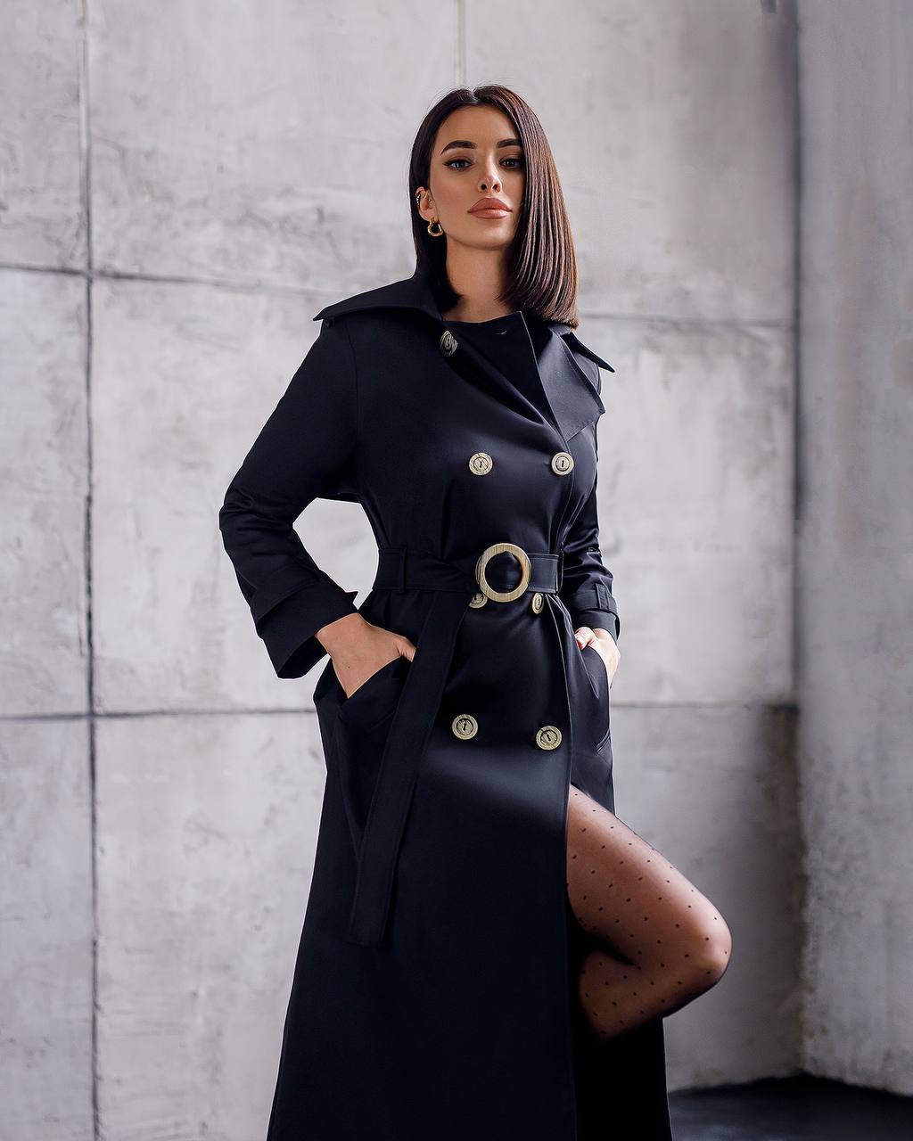 Stylish Black Trench Coat for Women with Belt and Pockets