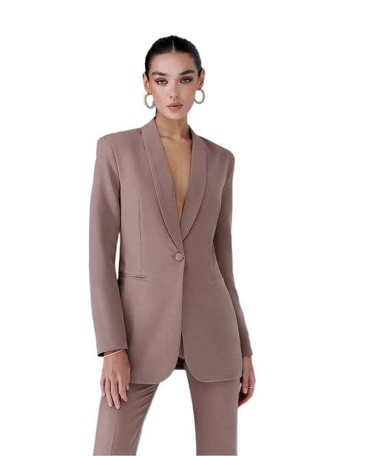 Woman wearing a mauve suit on a white background