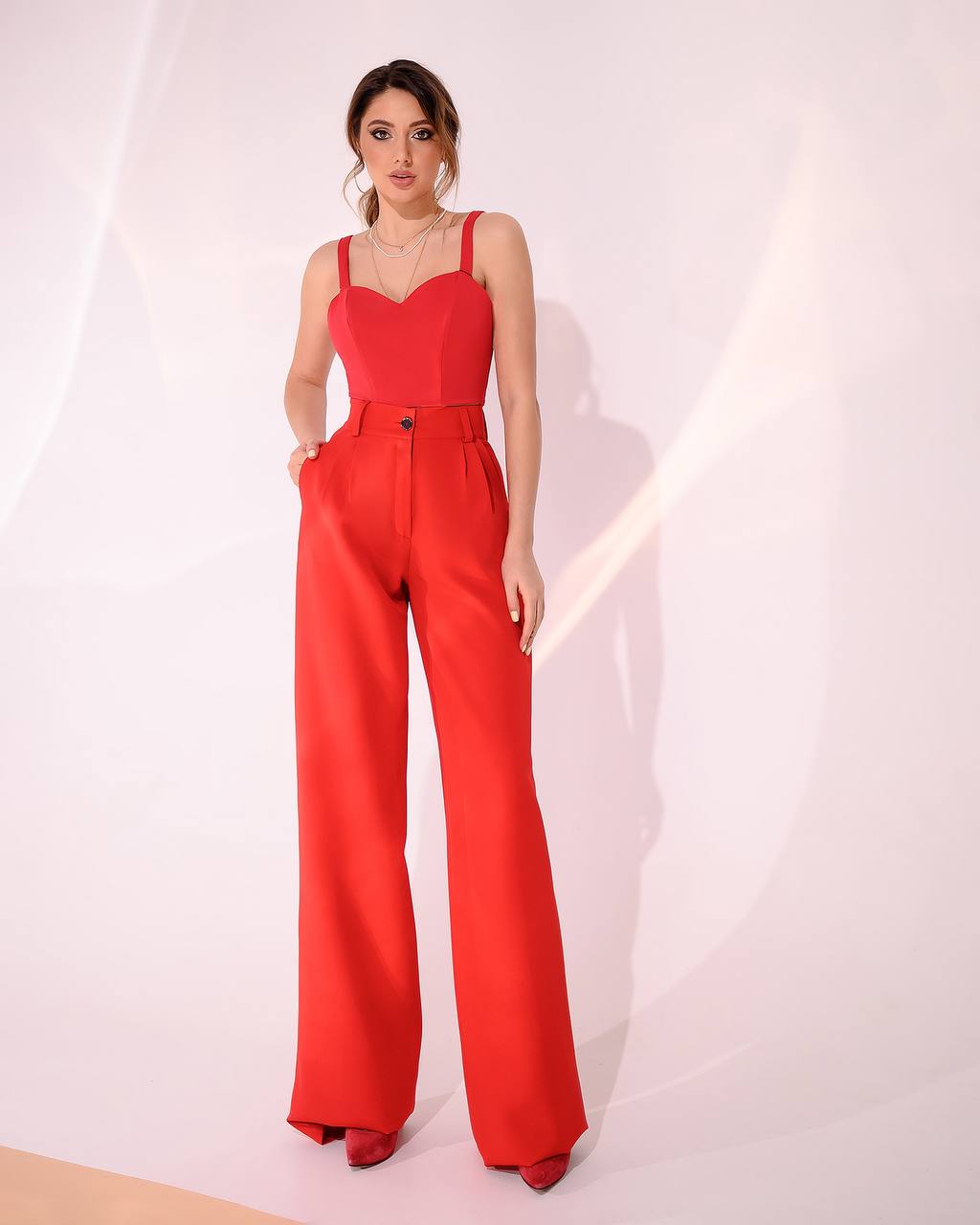 Women's High Waist Wide Leg Trousers in Suiting Crepe Diagonal Fabric