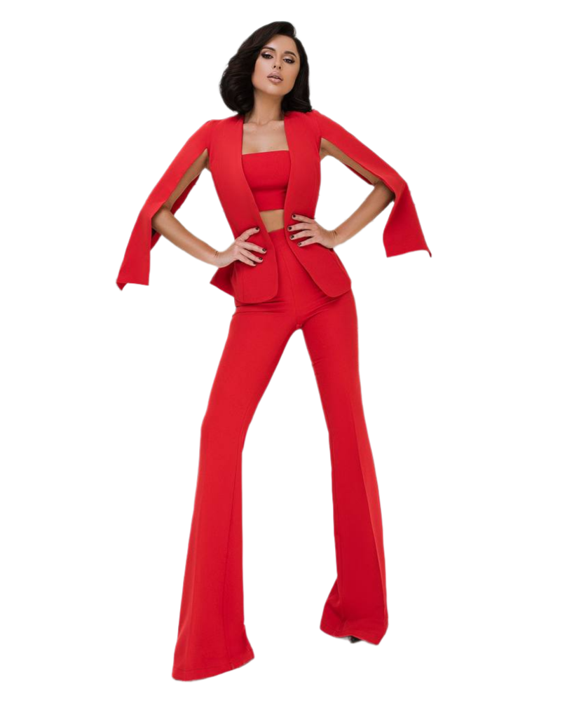 Womens Diagonal Crepe Red Klesh Suit Fashion Blazer and Flared Pants