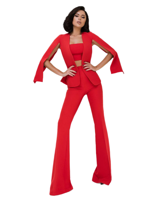 Womens Diagonal Crepe Red Klesh Suit Fashion Blazer and Flared Pants