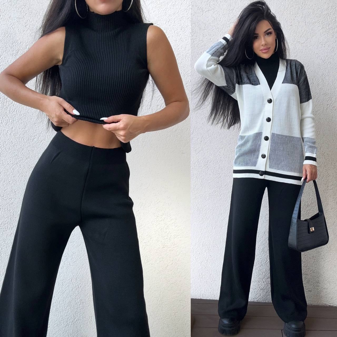 Two outfits worn by a person against a plain background
