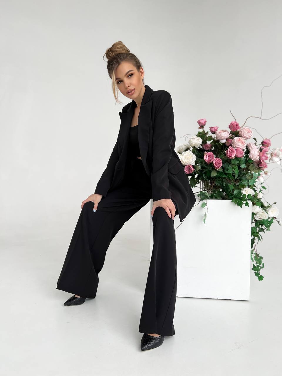 Black Palazzo Suit for Women Diagonal Crepe Tailored Wide Leg Pantsuit