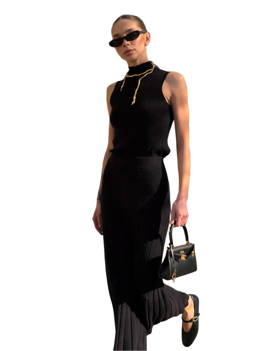 Knitted Sleeveless Top and Pleated Skirt Suit for Women