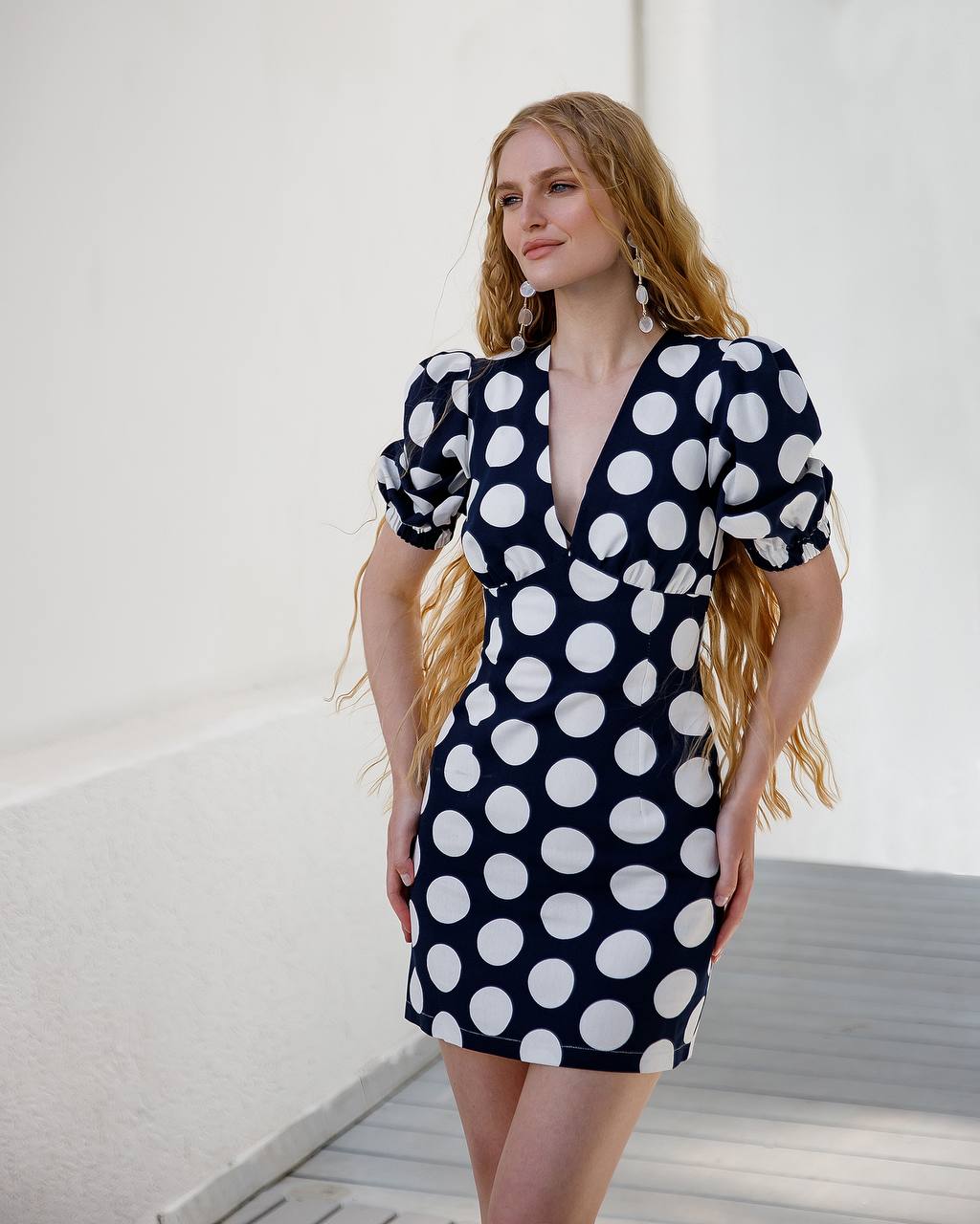 Polka Dot Printed Linen Mini Dress with Puff Sleeves