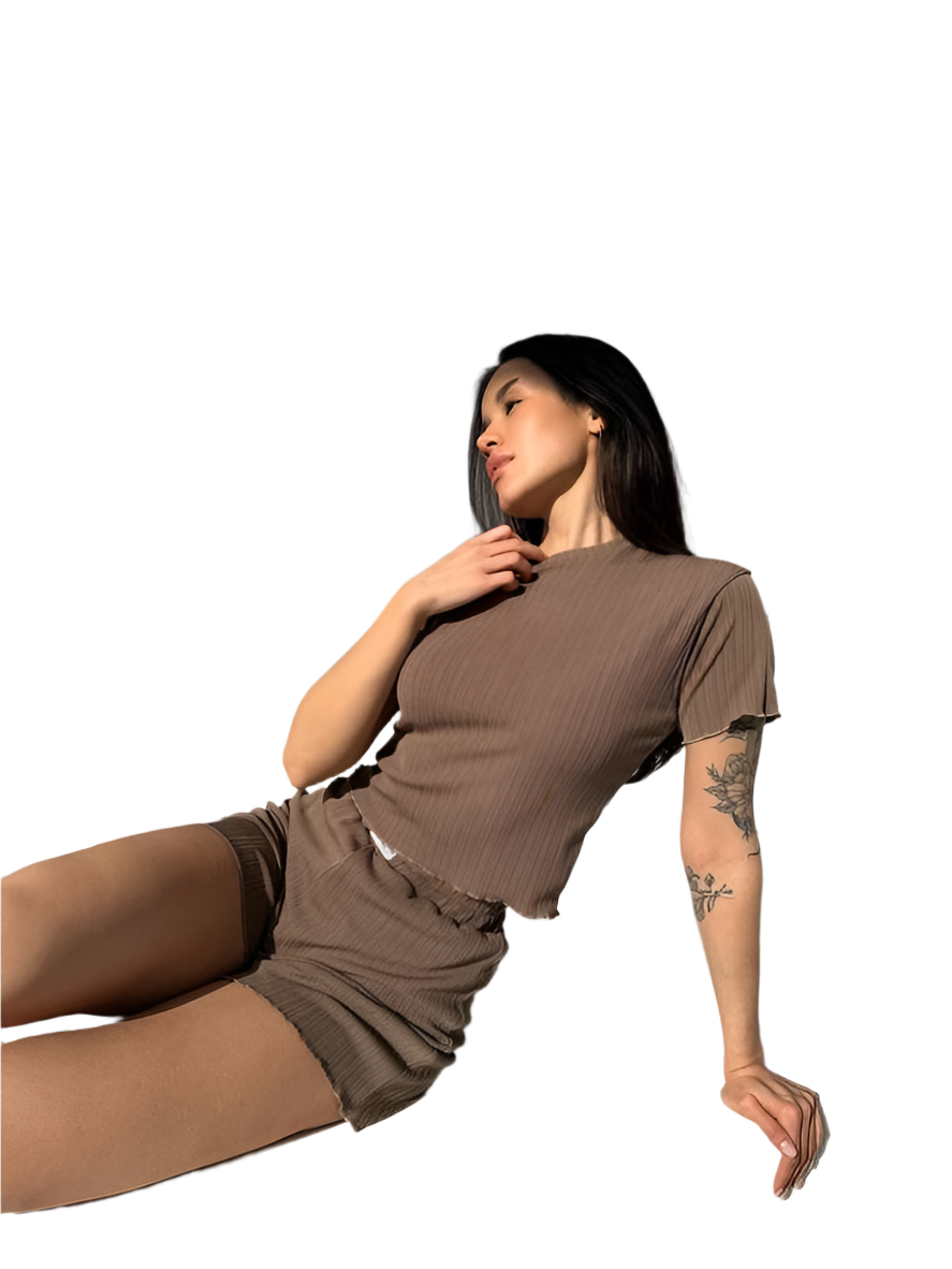 Comfortable Brown Ribbed Two-Piece Lounge Set for Home and Casual Wear