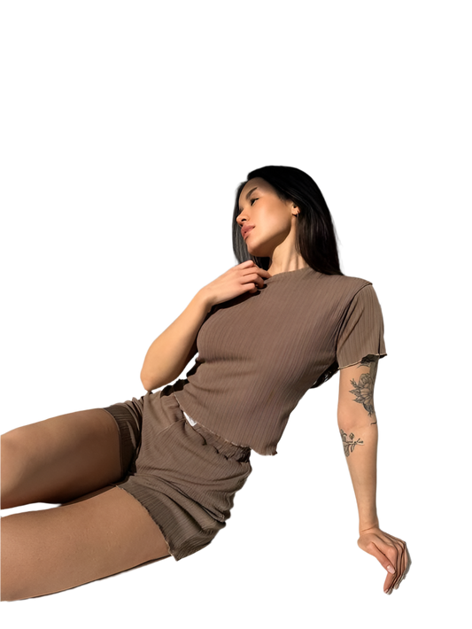 Comfortable Brown Ribbed Two-Piece Lounge Set for Home and Casual Wear