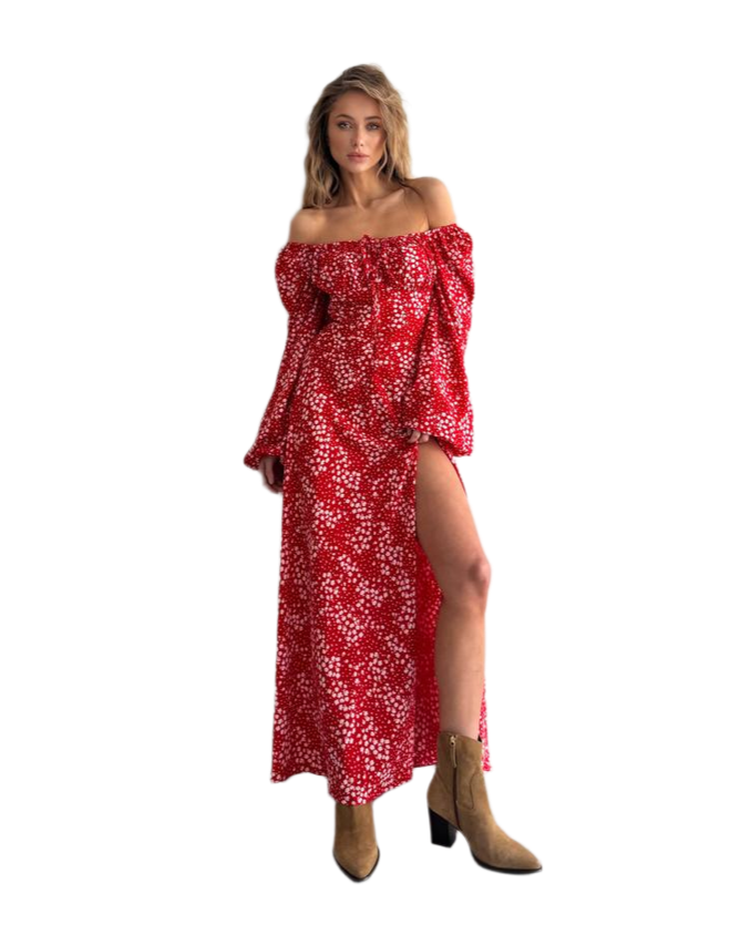 Off Shoulder Maxi Dress in Red with White Floral Print