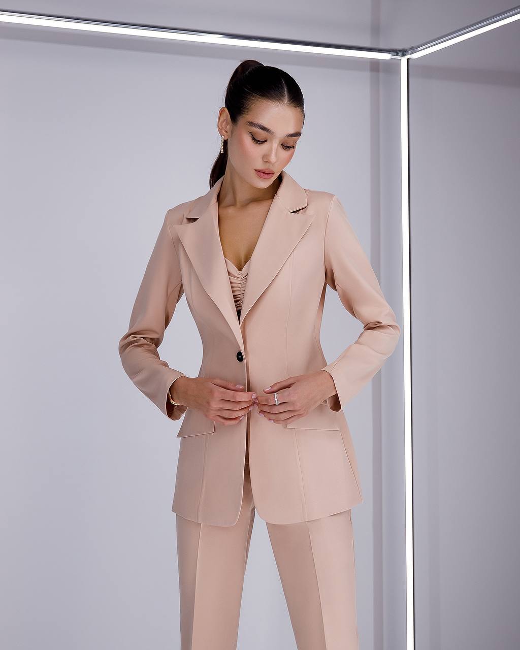 3 Pieces Women Prom Bridal Wedding Cocktail Suit Set Pantsuit Trousers Jacket Pants Top Bra Beige