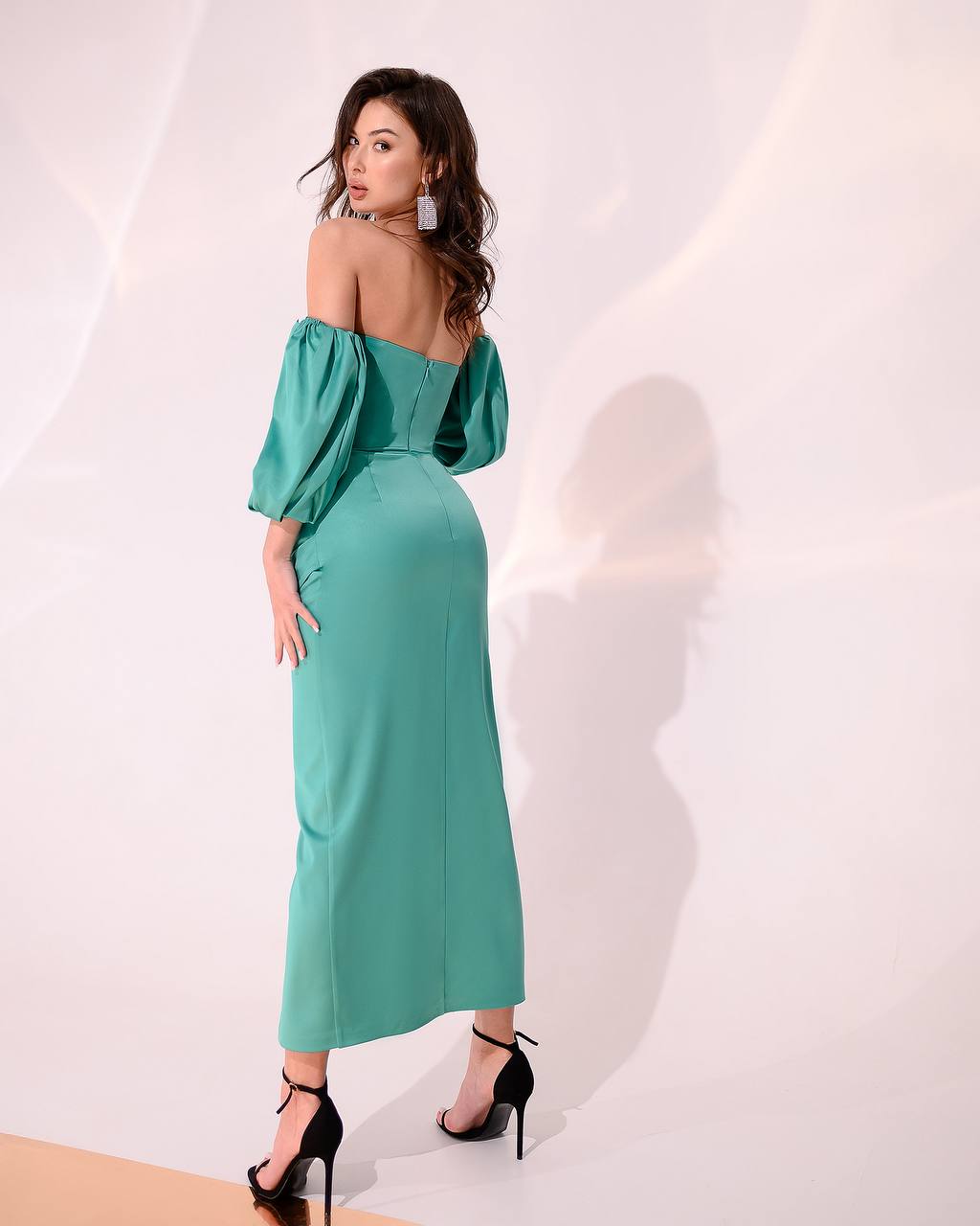 Elegant Royal Satin Midi Dress with Puff Sleeves and Side Slit for Women