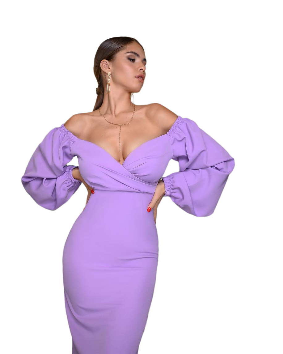 Woman wearing a purple off-shoulder dress with puffed sleeves on a white background