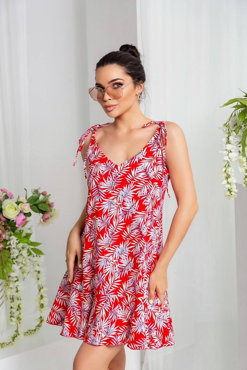 Printed Linen Sundress Women Summer Red Leaf Print