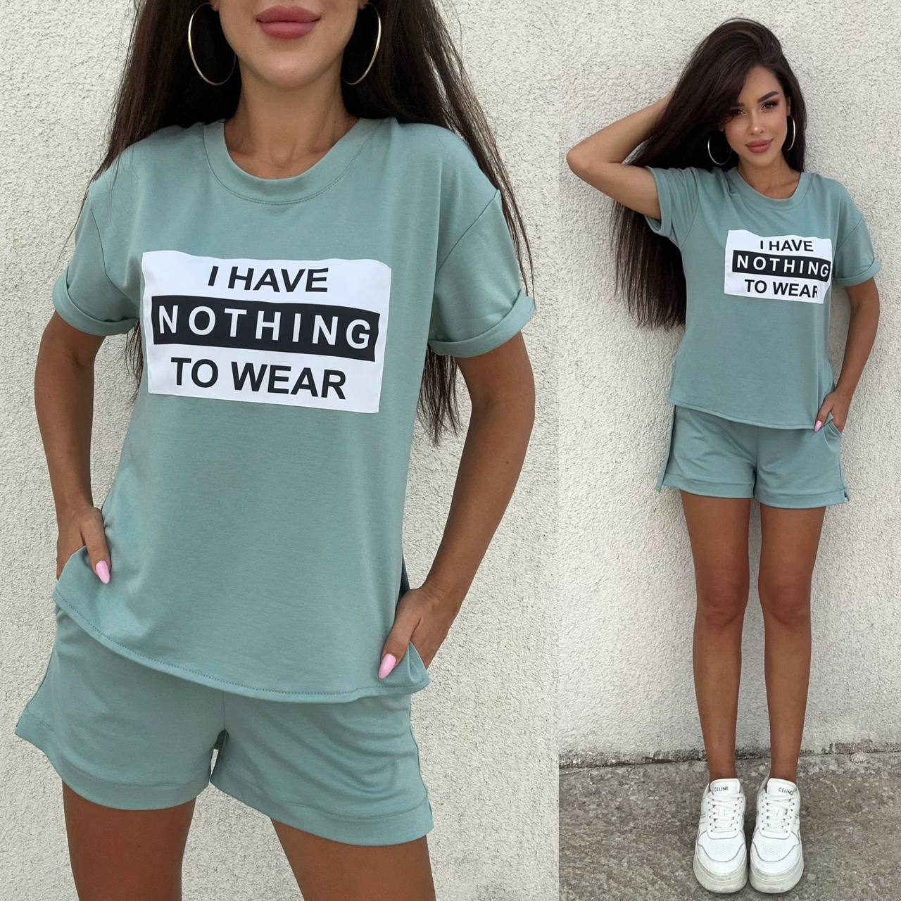 Woman wearing a green outfit with a shirt and shorts set, featuring text on the clothing.