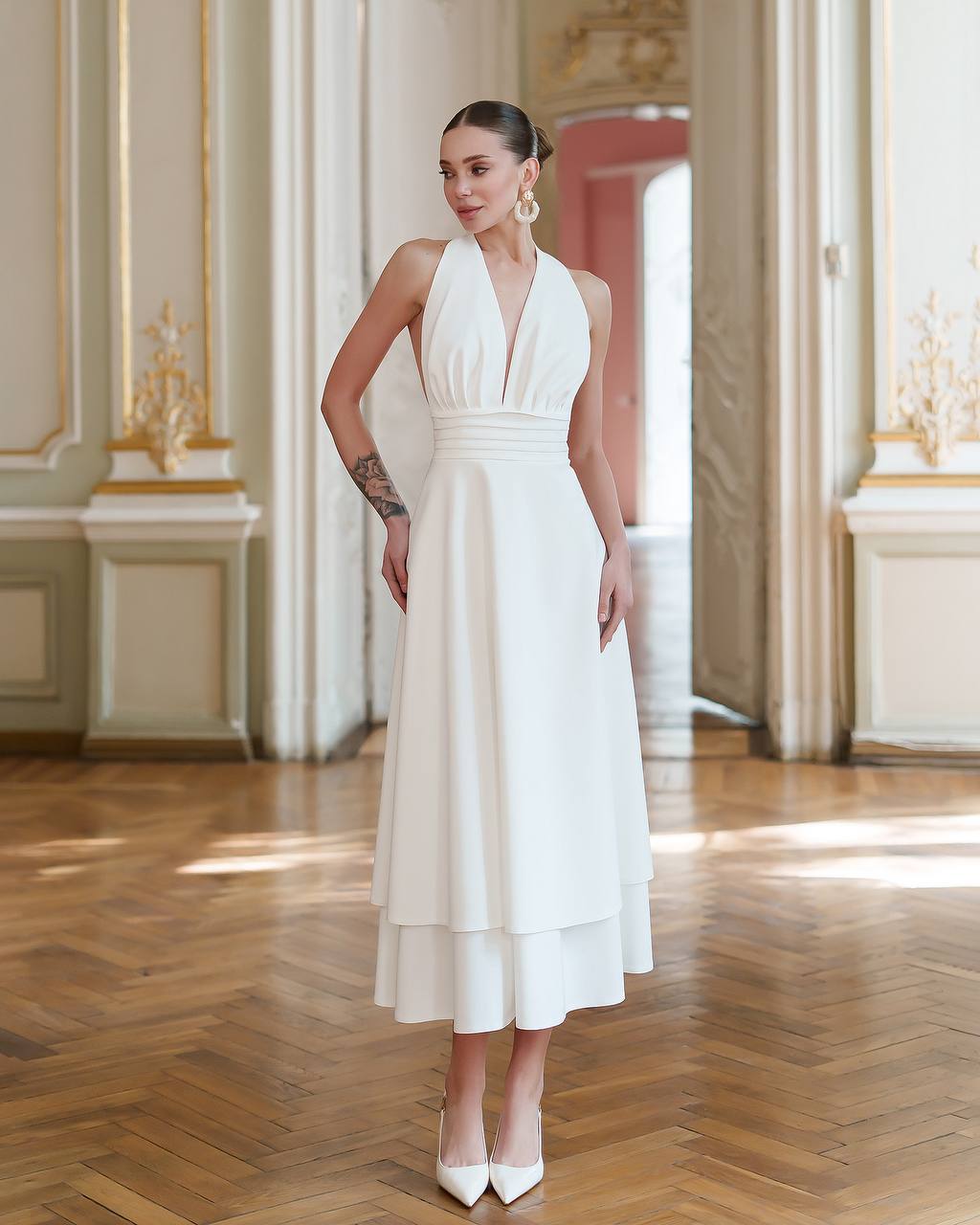 Elegant White Halter Neck Premium Crepe Dress for Women
