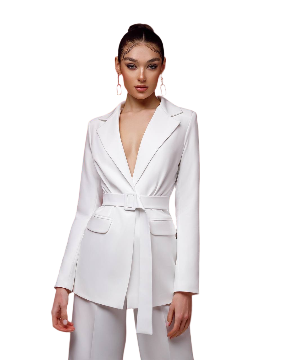 Woman wearing a white blazer with a belt on a white background