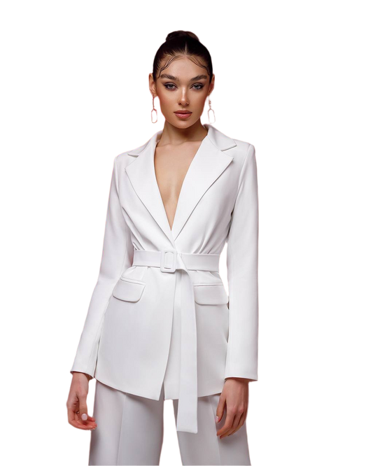 Woman wearing a white blazer with a belt on a white background