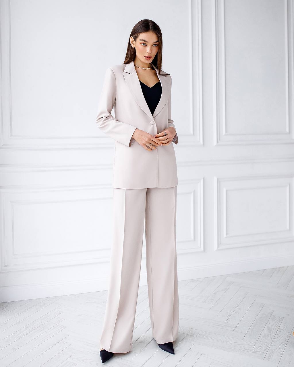 Womens Polished Tiar Lux Fabric Suit Beige Jacket and Pants