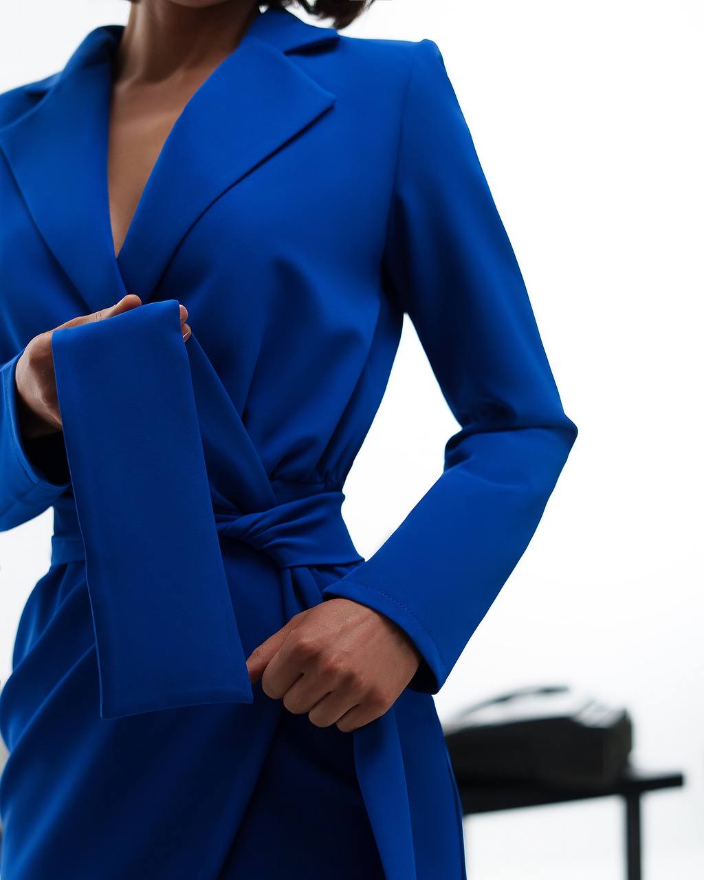 Elegant Women Suit Dress in Blue Premium Crepe Diagonal Fabric