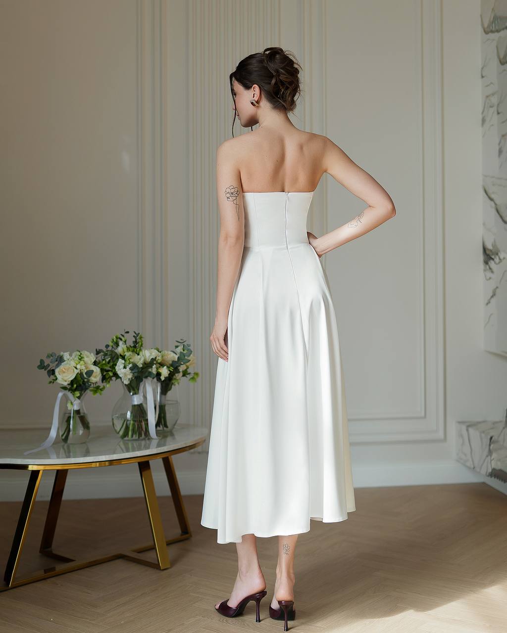 Elegant Premium Dense Satin Strapless Midi Dress for Women