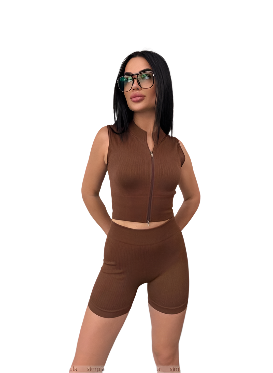 Stylish Seamless Brown Crop Top and High Waist Shorts Set