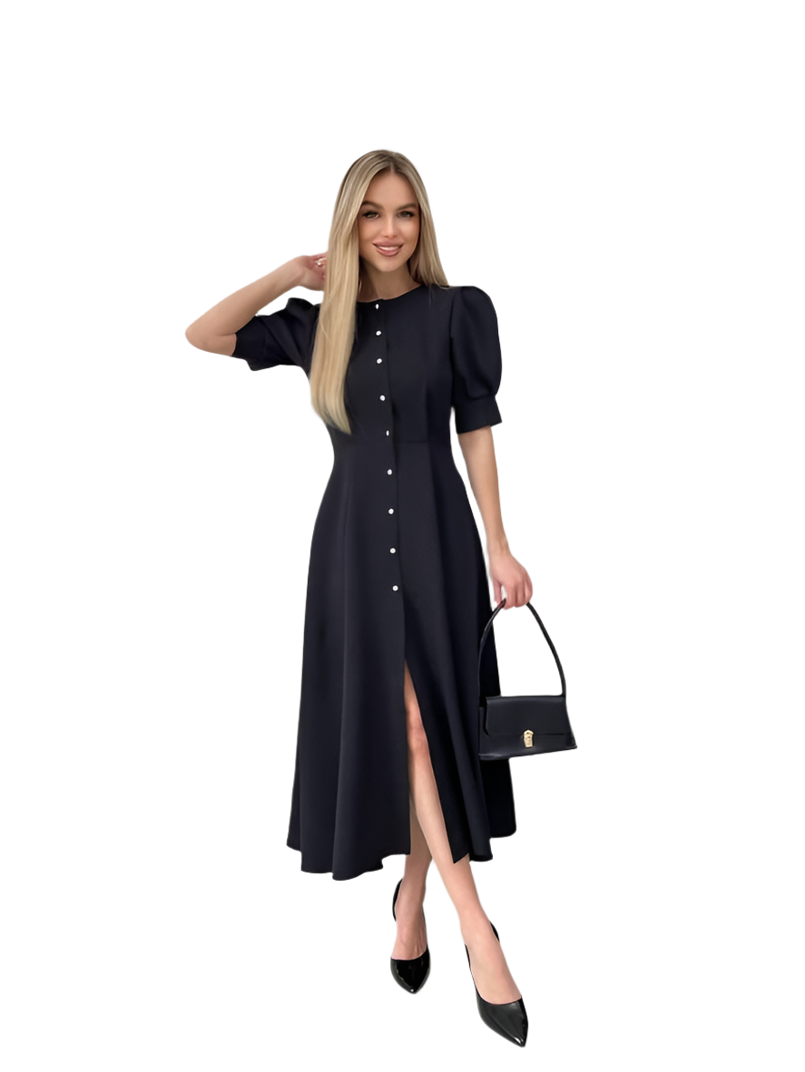 Woman wearing a black dress with puff sleeves and a high slit, holding a matching handbag on a white background.