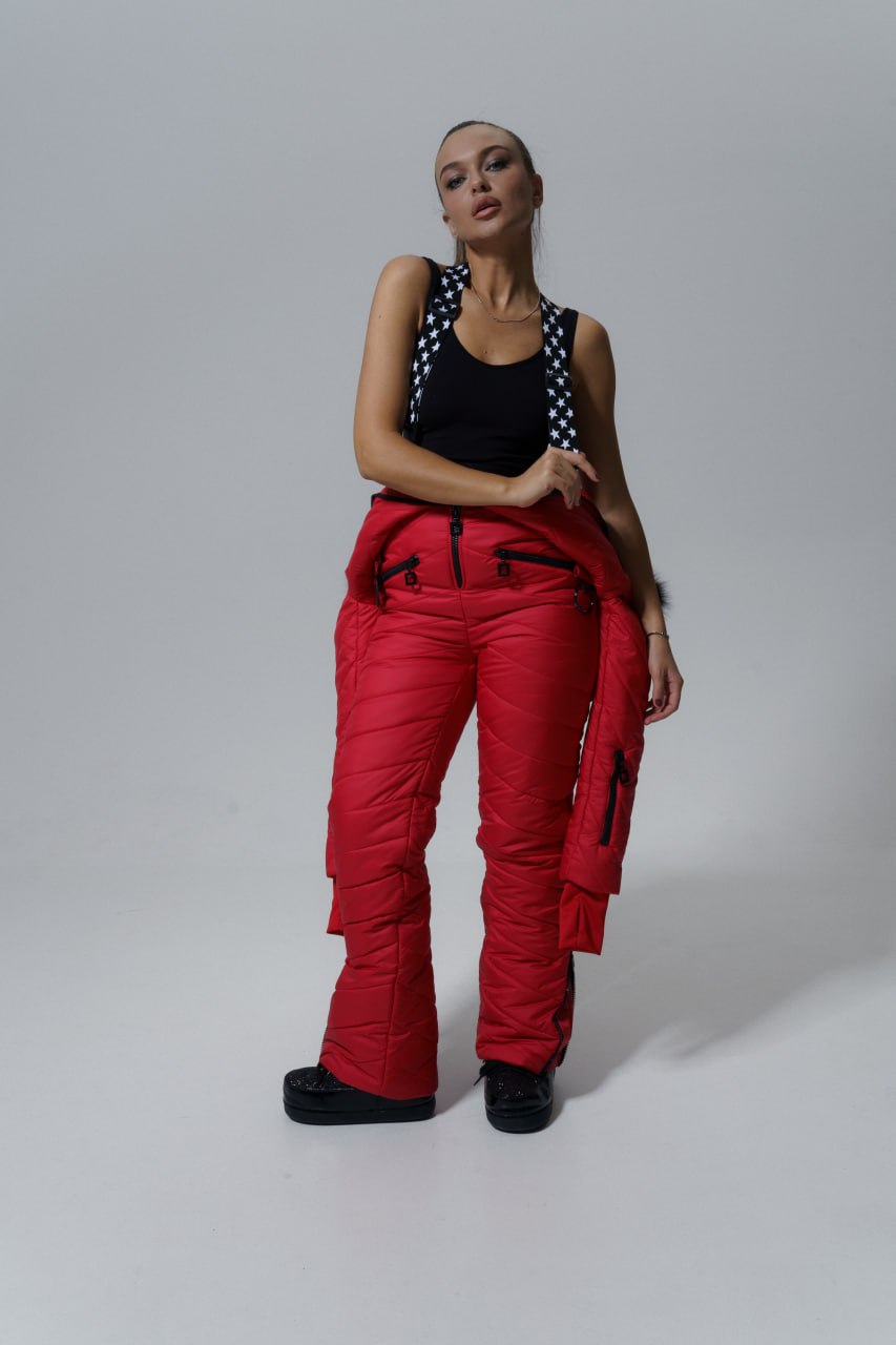 Person wearing a black tank top and red pants with black text on a gray background