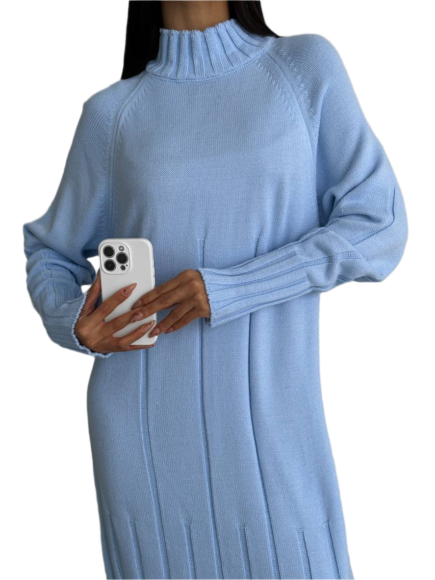 Light Blue Lux Quality Knit Dress with Dropped Sleeve for Women