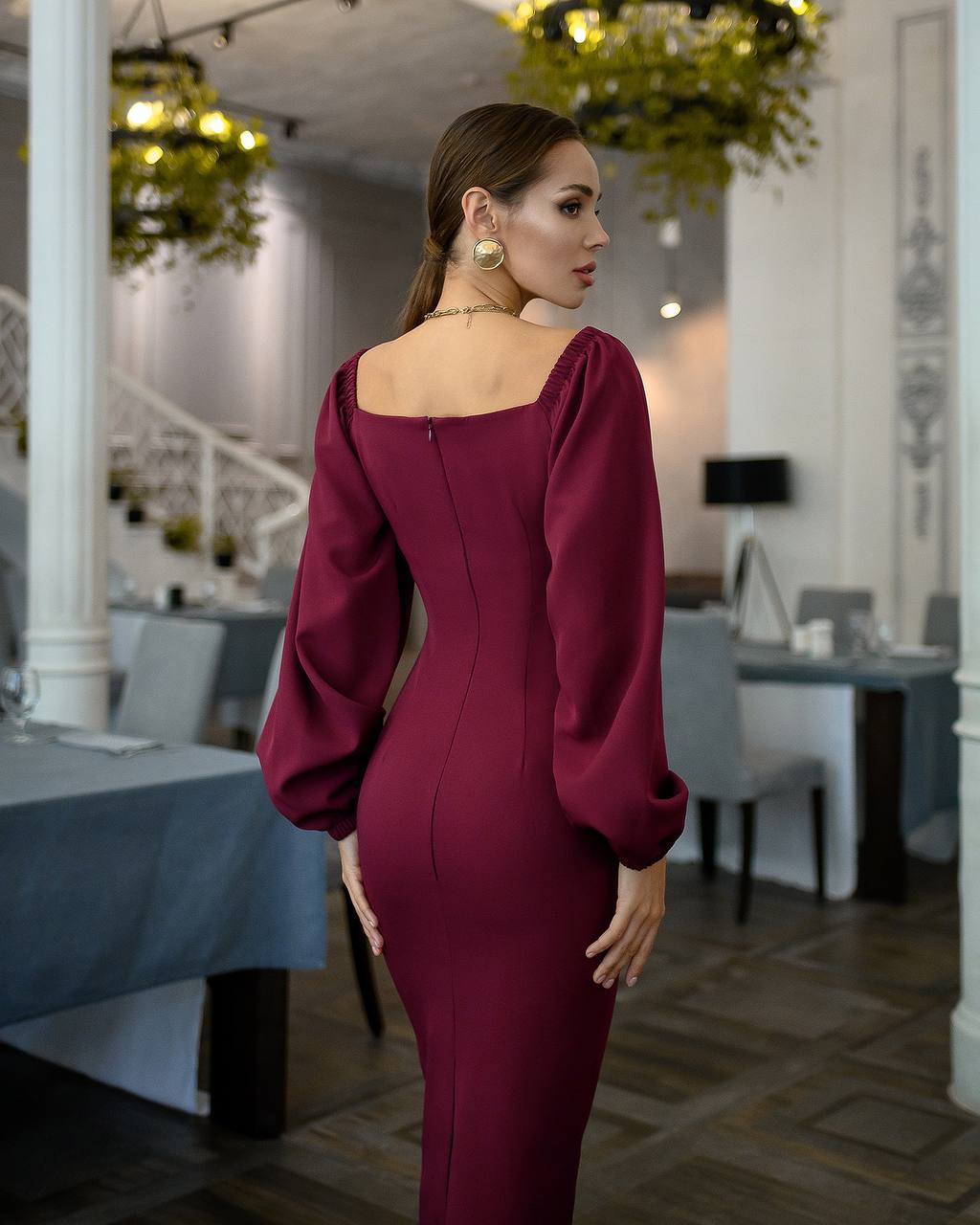 Elegant Burgundy Midi Dress with Puff Sleeves for Women