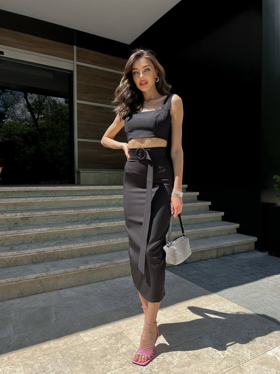 Women Pencil Skirt and Top Set Diagonal Crepe Black