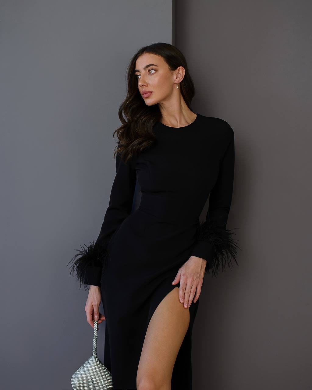 Women Midi Dress Premium Crepe-Diagonal Feather Accents in Black Red Milk-White Blue