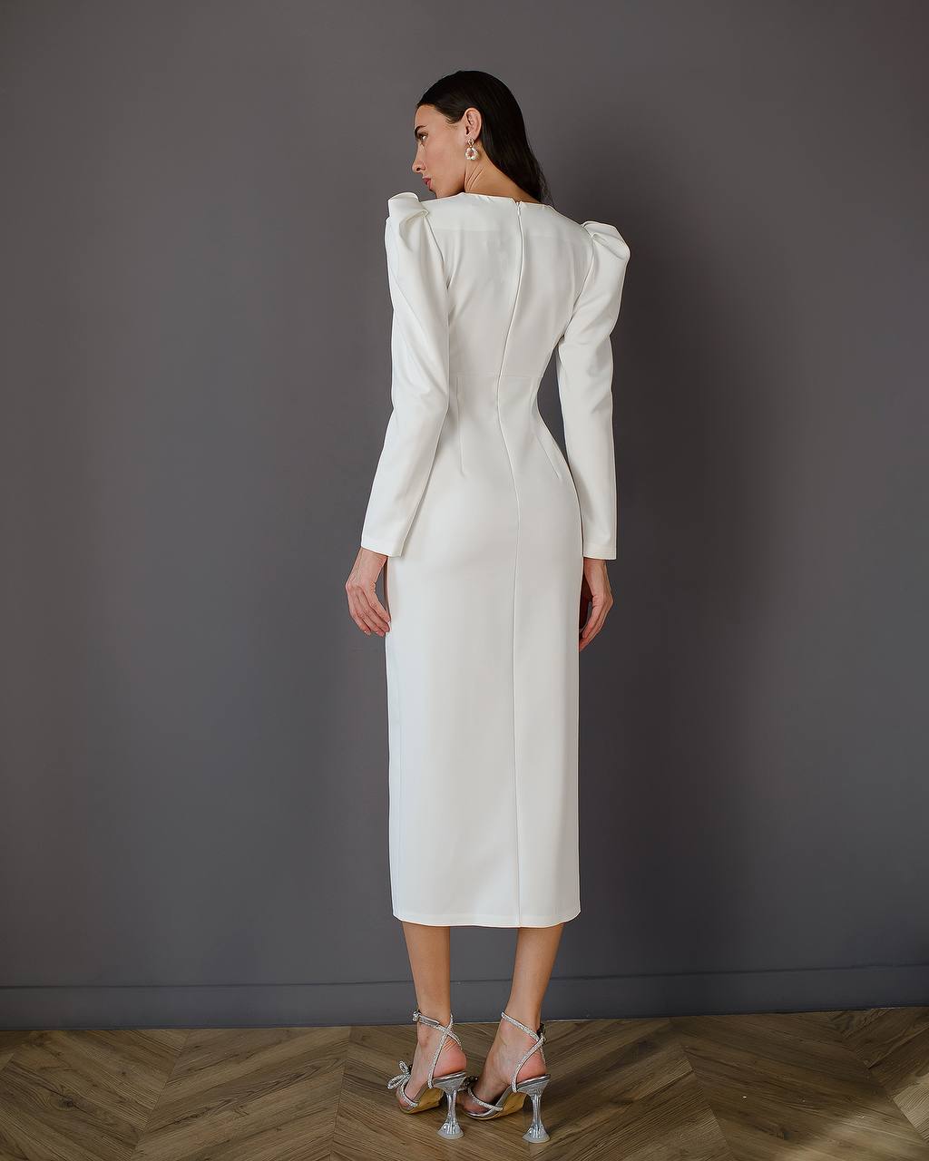 Elegant White Midi Dress Women Puff Sleeves Split Front Suit Crepe