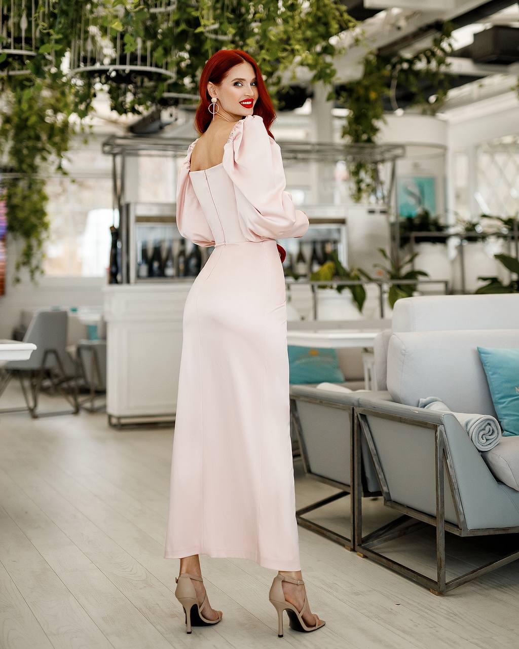 Elegant Pink Satin Midi Dress with Puff Sleeves and Side Slit