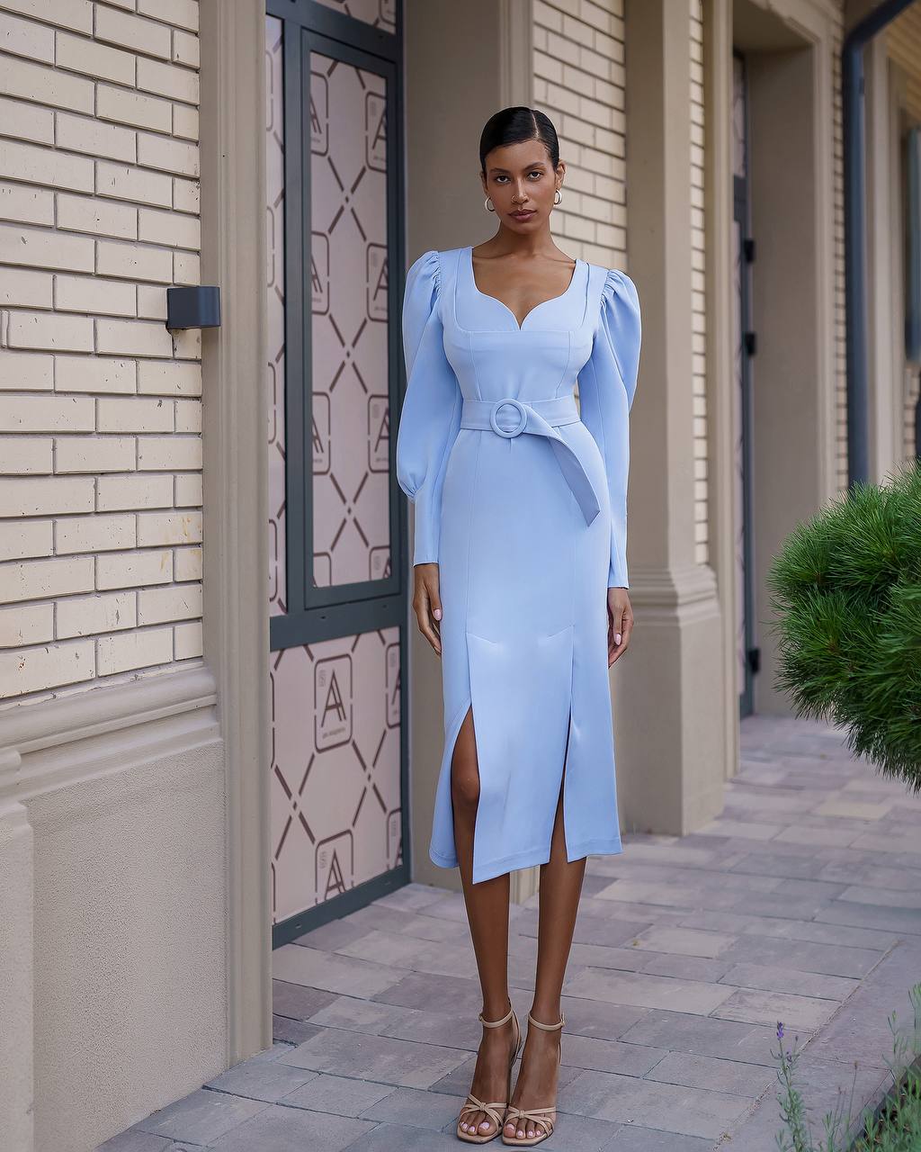 Elegant Midi Dress with Puff Long Sleeves and Belt in Premium Suit Crepe