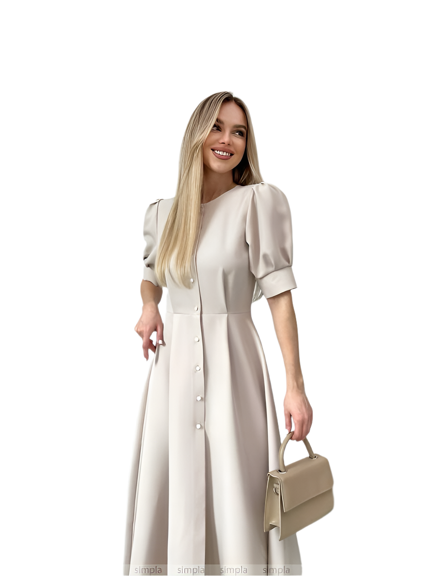 Elegant Beige Midi Dress with Button Front and Puff Sleeves