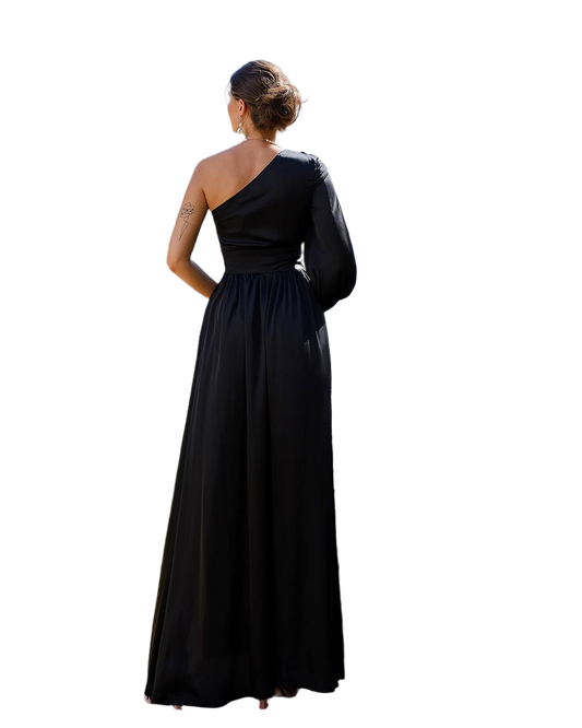 Black one-shoulder evening gown on a white background