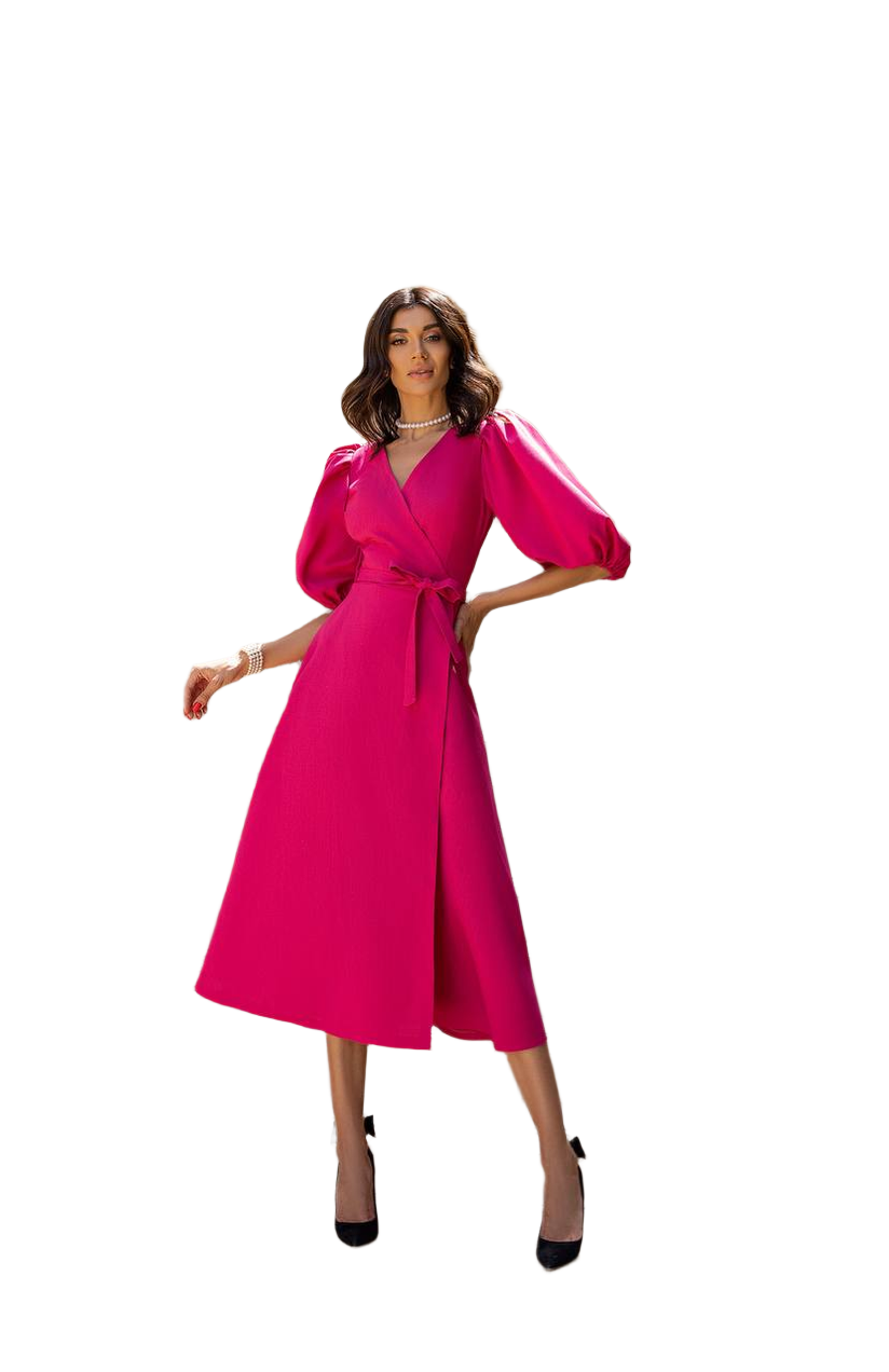 Linen Wrap Sundress with Puff Sleeves in Raspberry