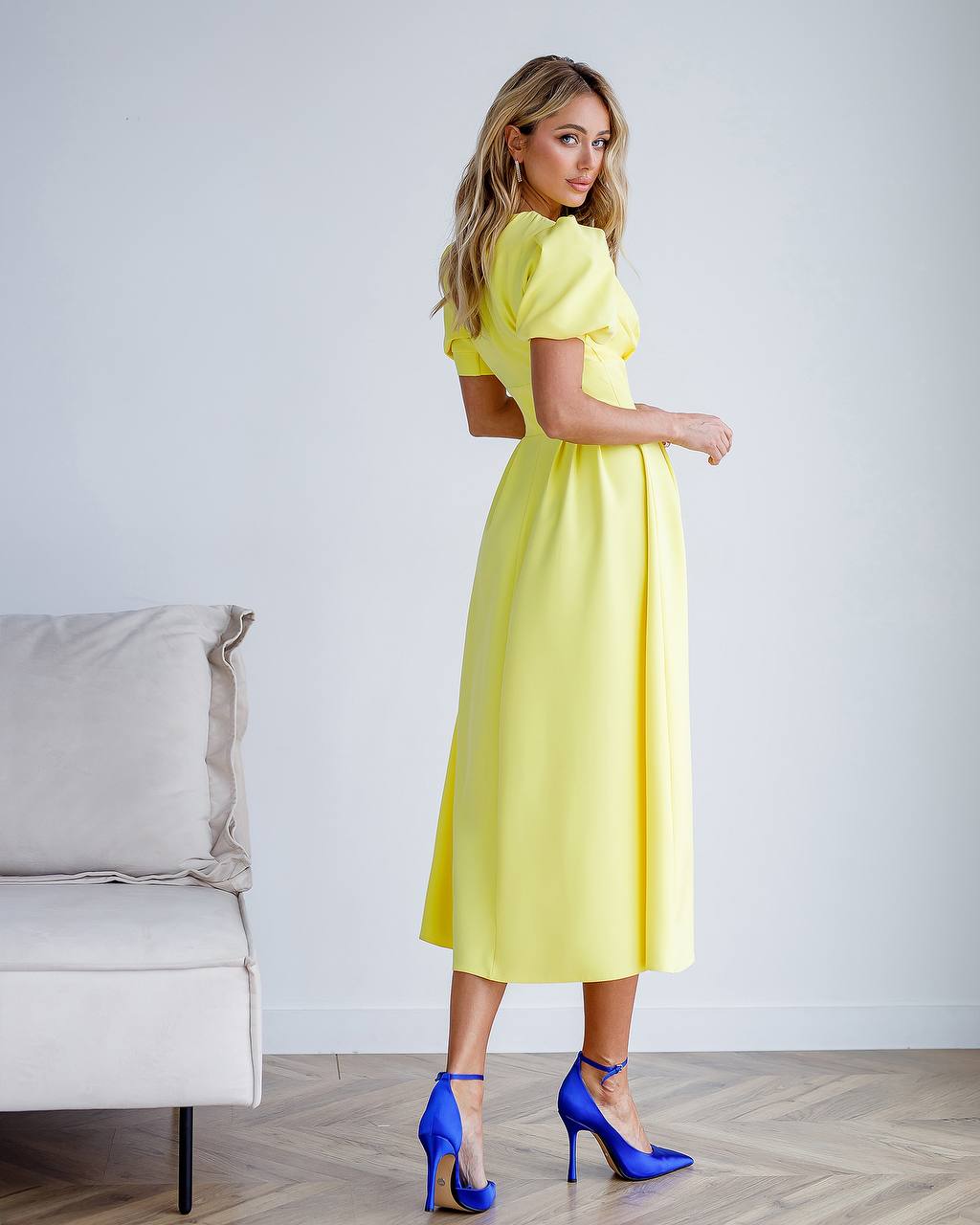 Elegant Yellow Midi Dress Women Premium Crepe Fabric