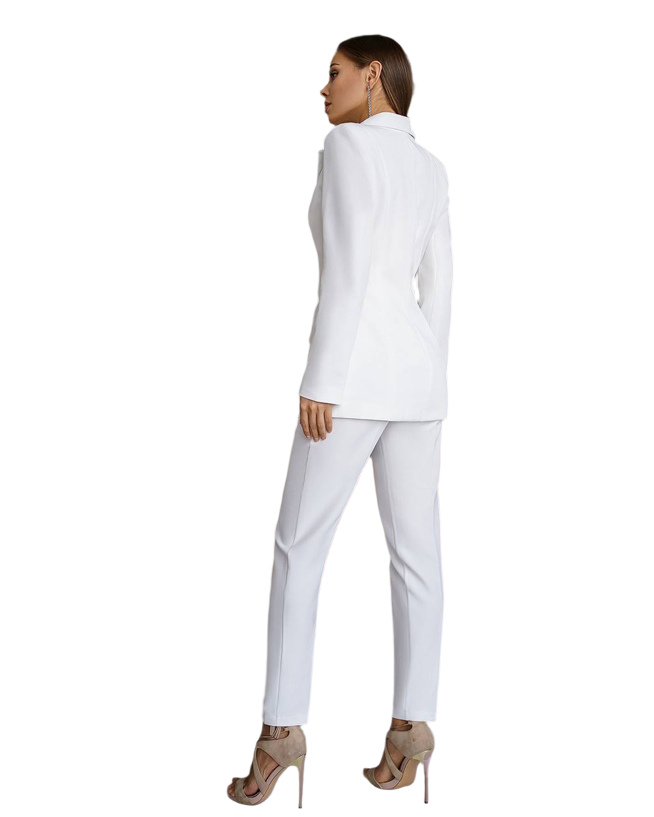 Woman wearing a white suit on a white background