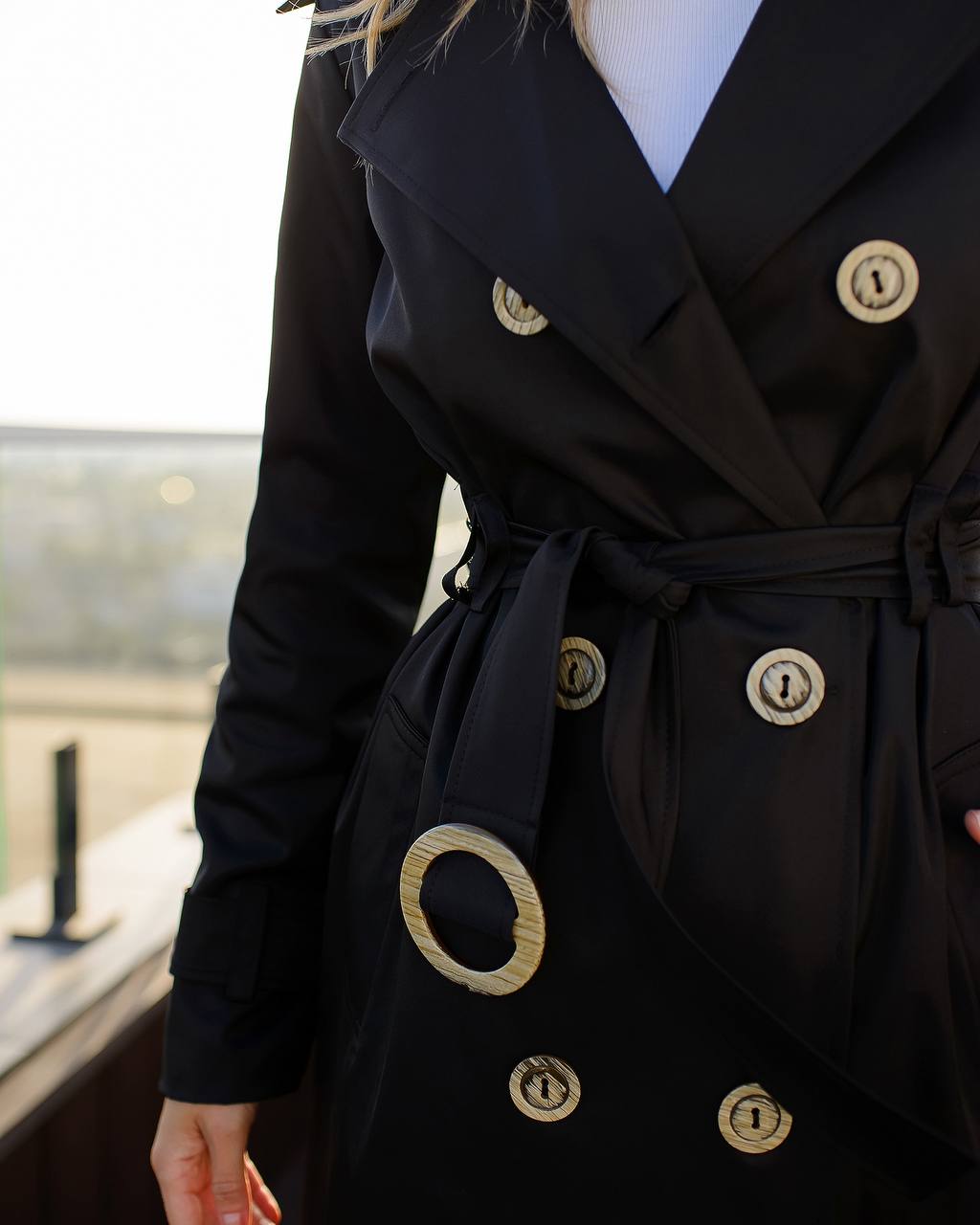 Stylish Black Trench Coat for Women with Belt and Pockets