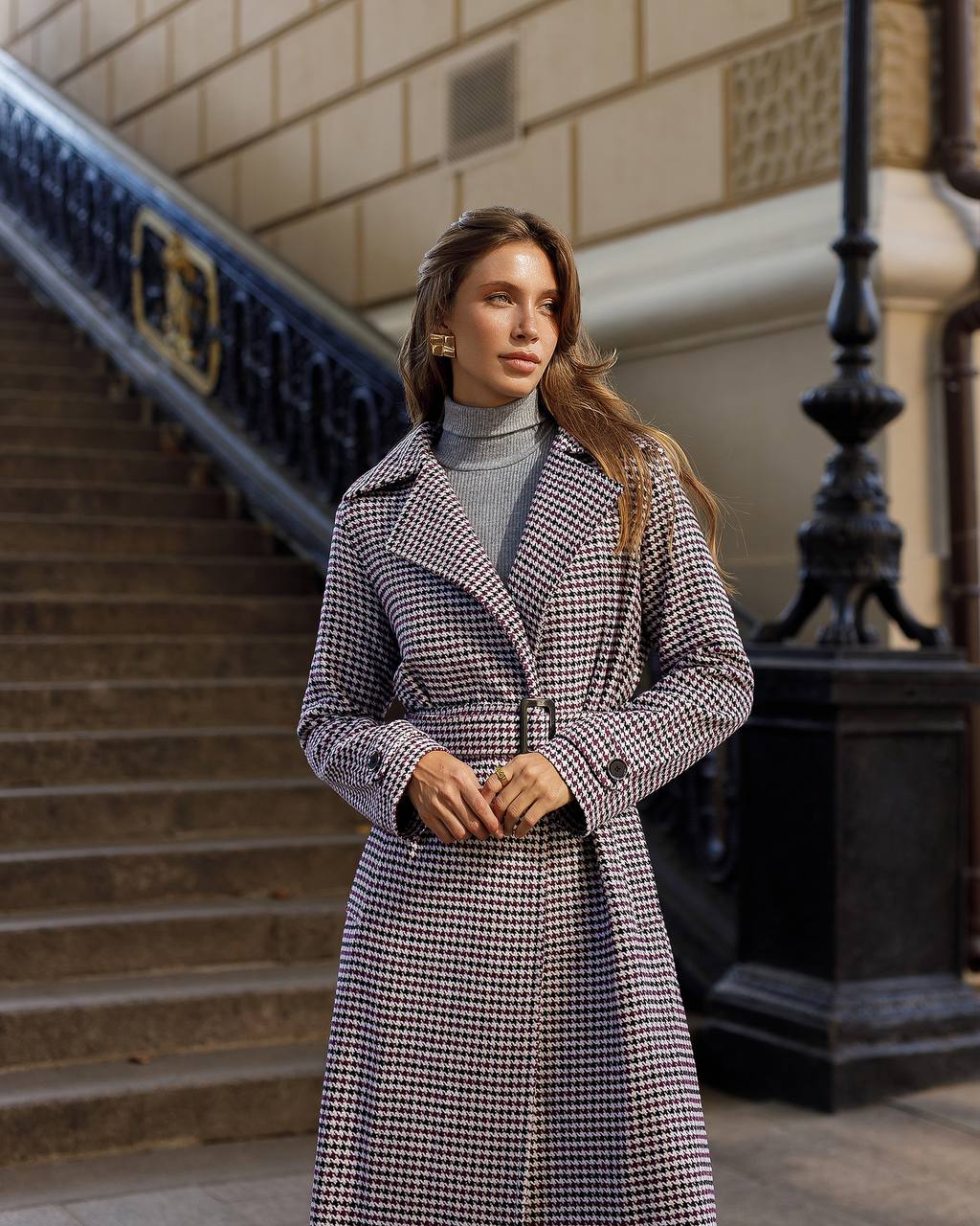 Womens Turkish Fabric Houndstooth Pattern Coat Long Trench Style Belted