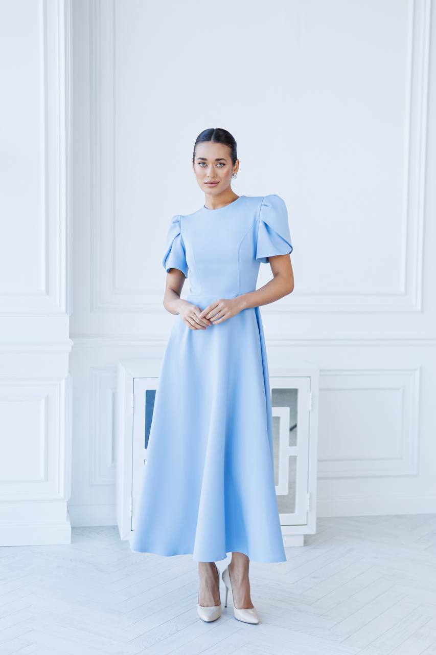 Elegant Diagonal Crepe Long Dress with Puff Sleeves for Women