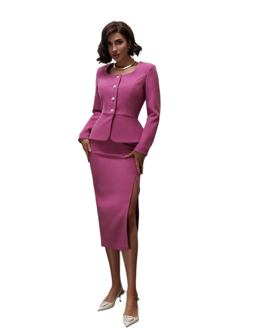 Women Tweed Suit Jacket and Skirt Pink Classic Style