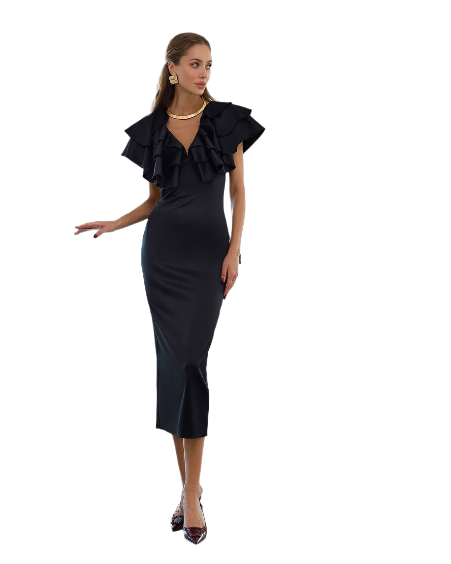 Elegant Midi Dress for Women in Premium Dense Mango Satin with Ruffled V-Neck
