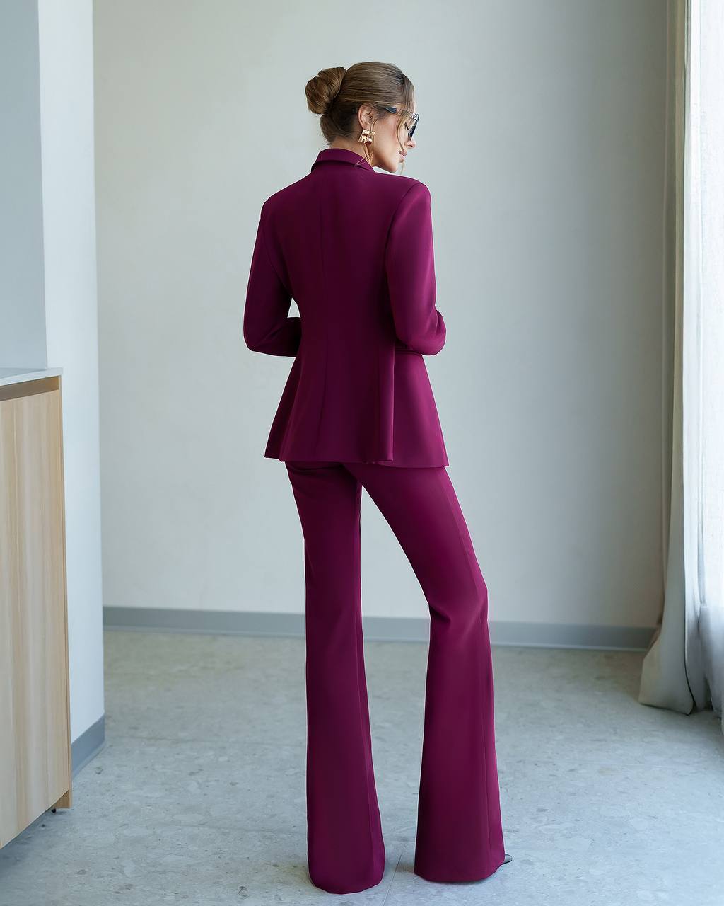 Womens Flared Pants Suit with Blazer Premium Crepe-Diagonal