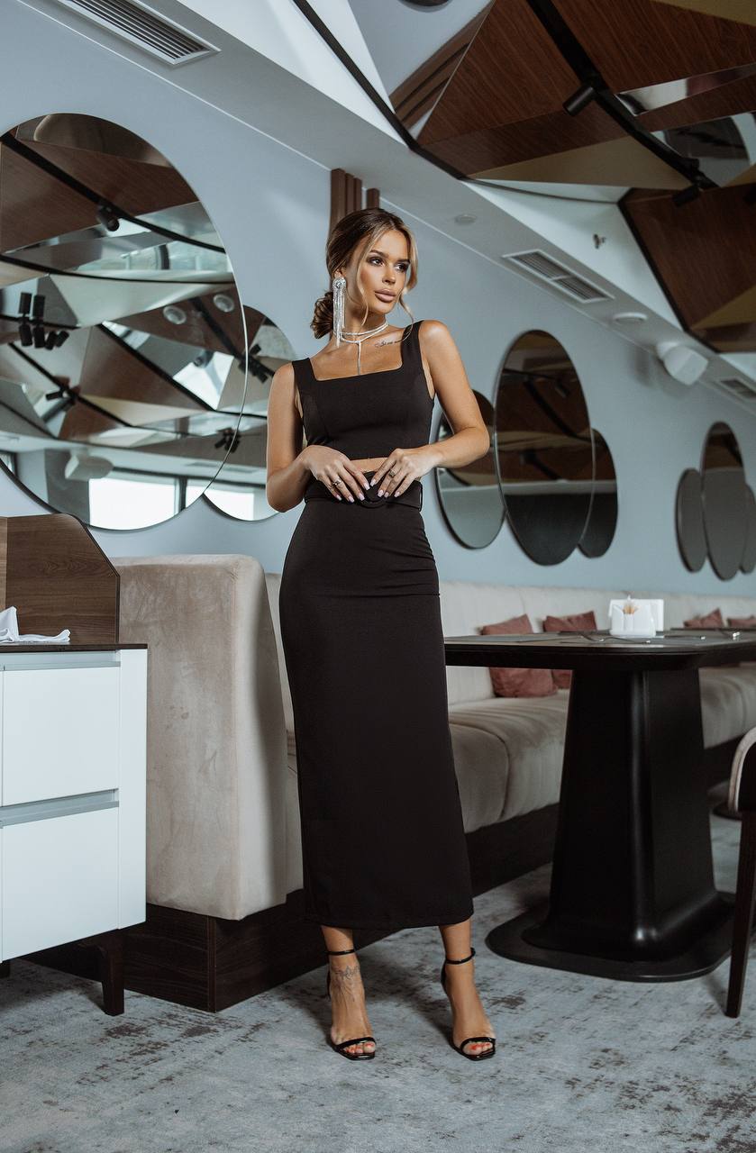 Women Pencil Skirt and Top Set Diagonal Crepe Black