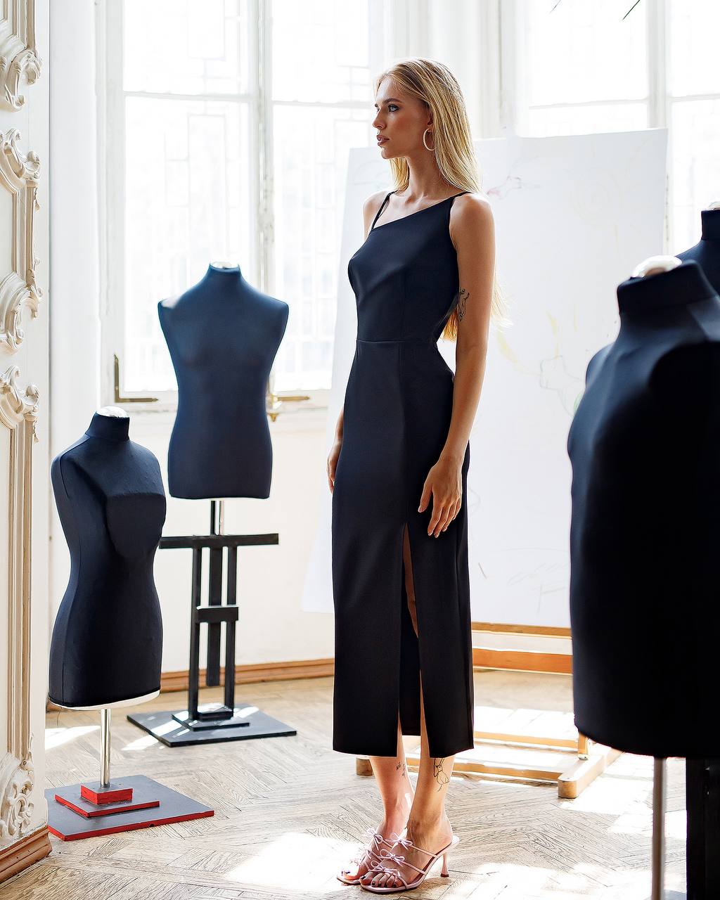 Elegant Asymmetric Neck Midi Dress with Side Slit in Premium Diagonal Crepe