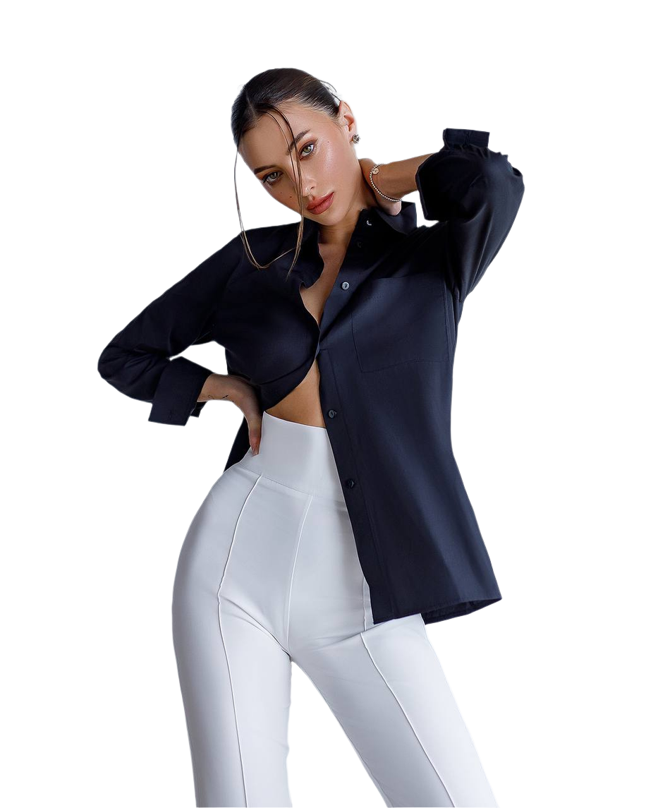 Woman wearing a black shirt and white pants on a white background
