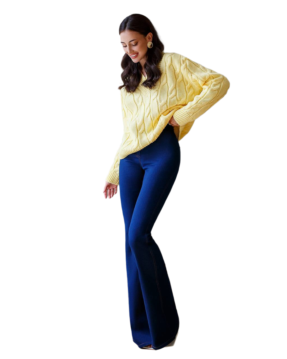 Woman wearing a yellow sweater and blue pants on a white background