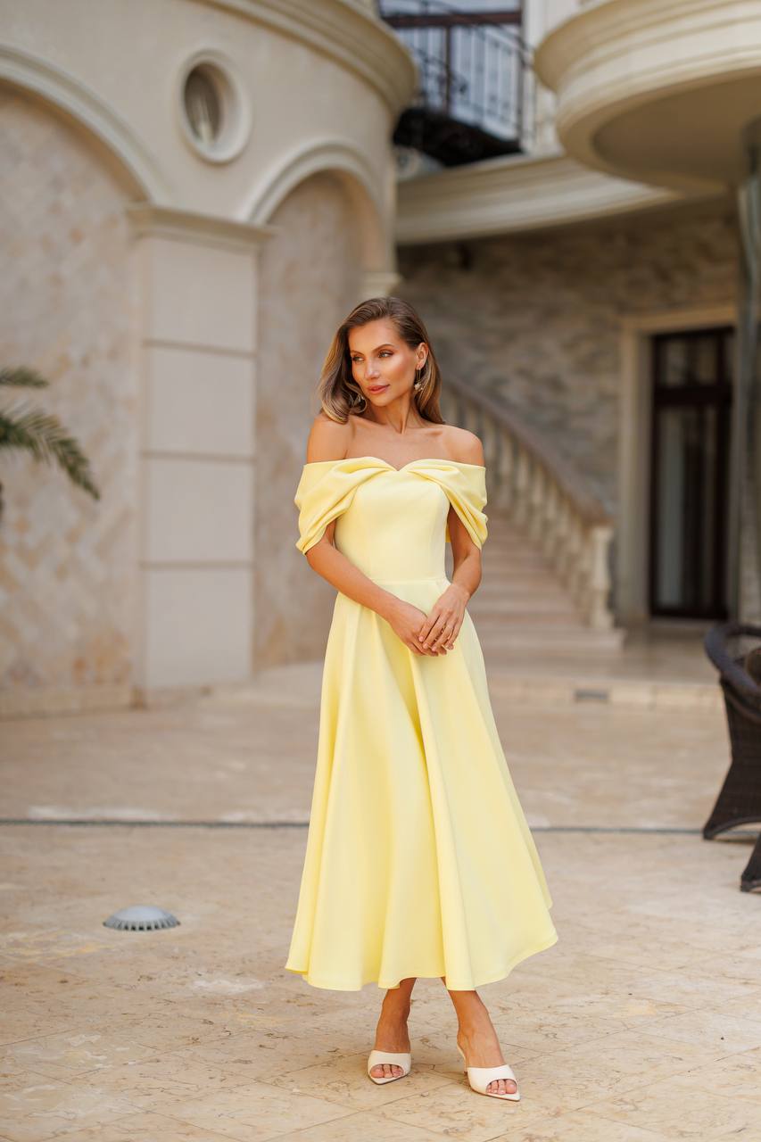 Elegant Off-Shoulder Yellow Diagonal Crepe Dress for Women