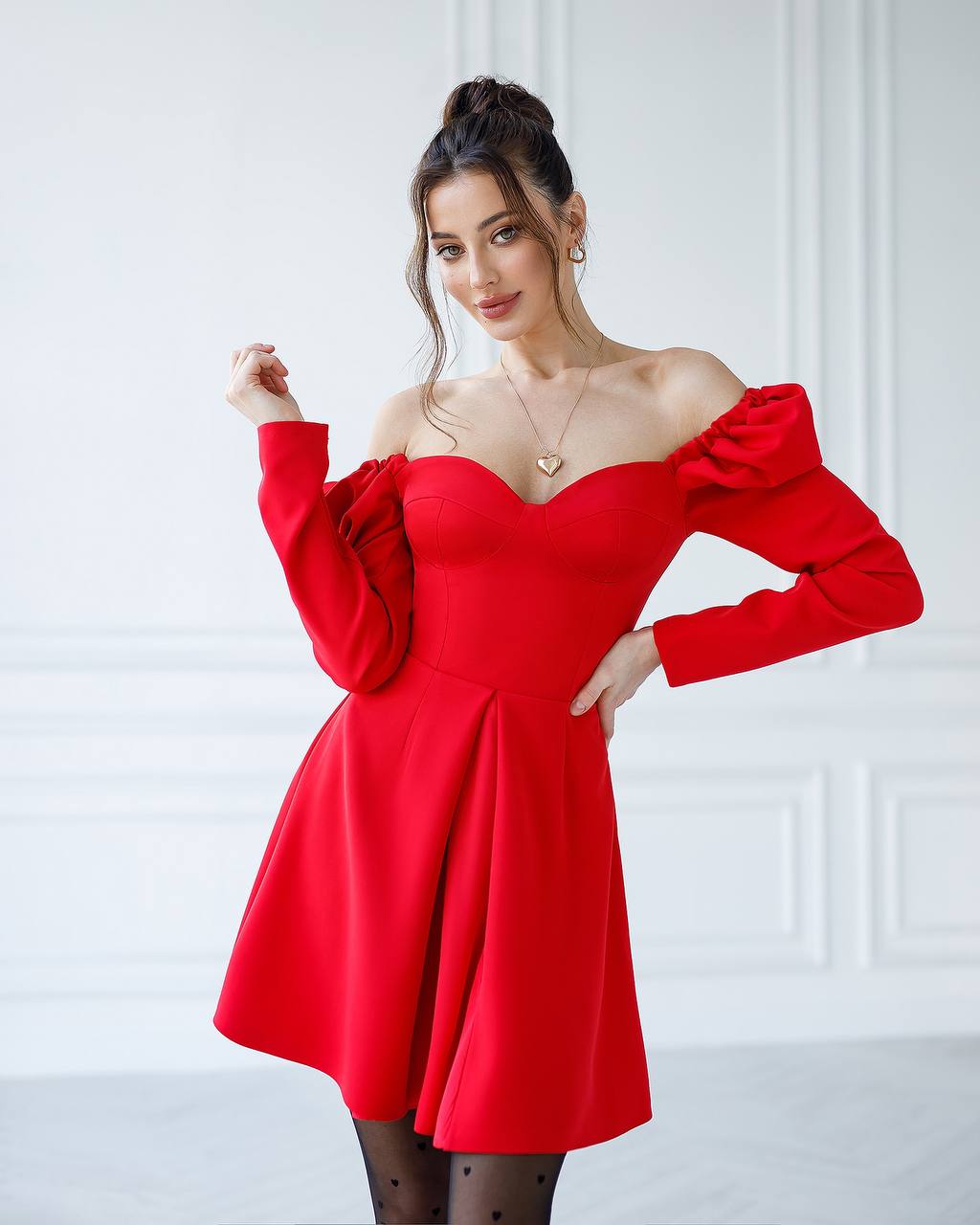 Womens Red Mini Dress Long Sleeve Premium Crepe Fabric